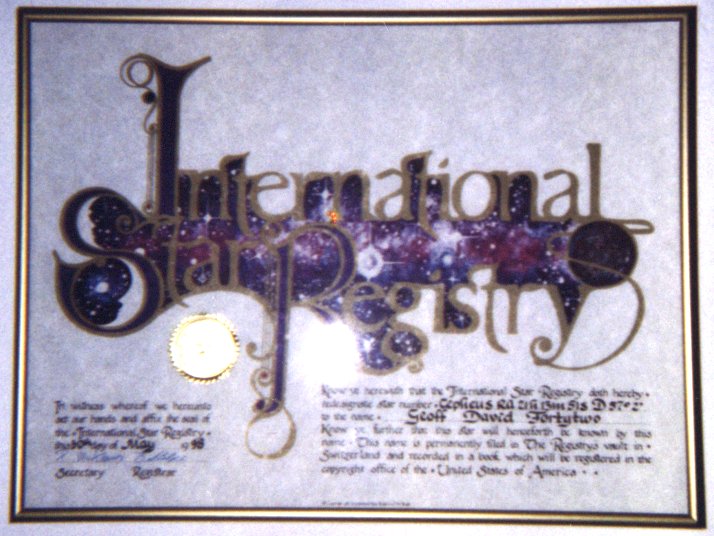 Certificate from the International Star Registry