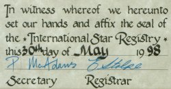 Lower left part of certificate from International Star Registry