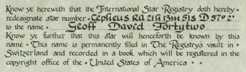 Lower right part of certificate from International Star Registry